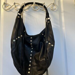 Linea Pelle Black Studded Leather Hobo Large Tote Bag